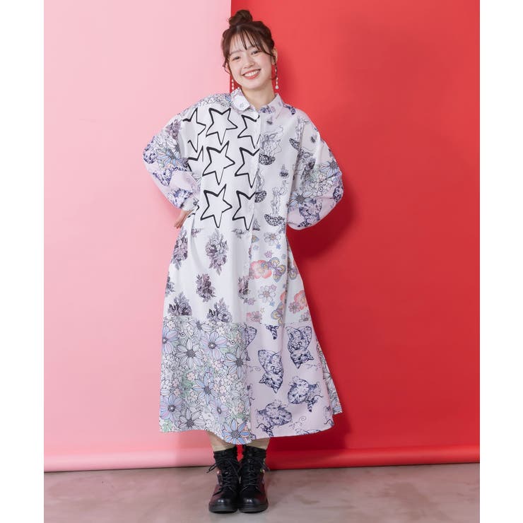 パッチワーク風総柄シャツワンピース | ScoLar | 詳細画像3 