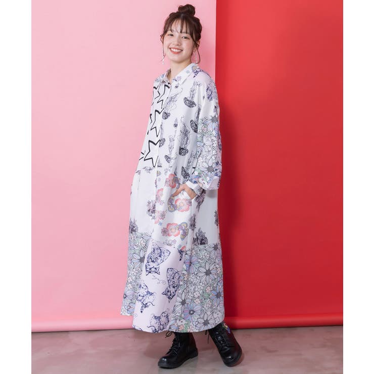 パッチワーク風総柄シャツワンピース | ScoLar | 詳細画像4 