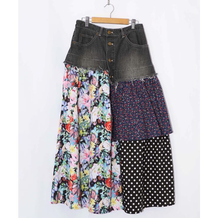 ブラック | デニム×パッチワーク風 異素材切替2wayスカート | ScoLar