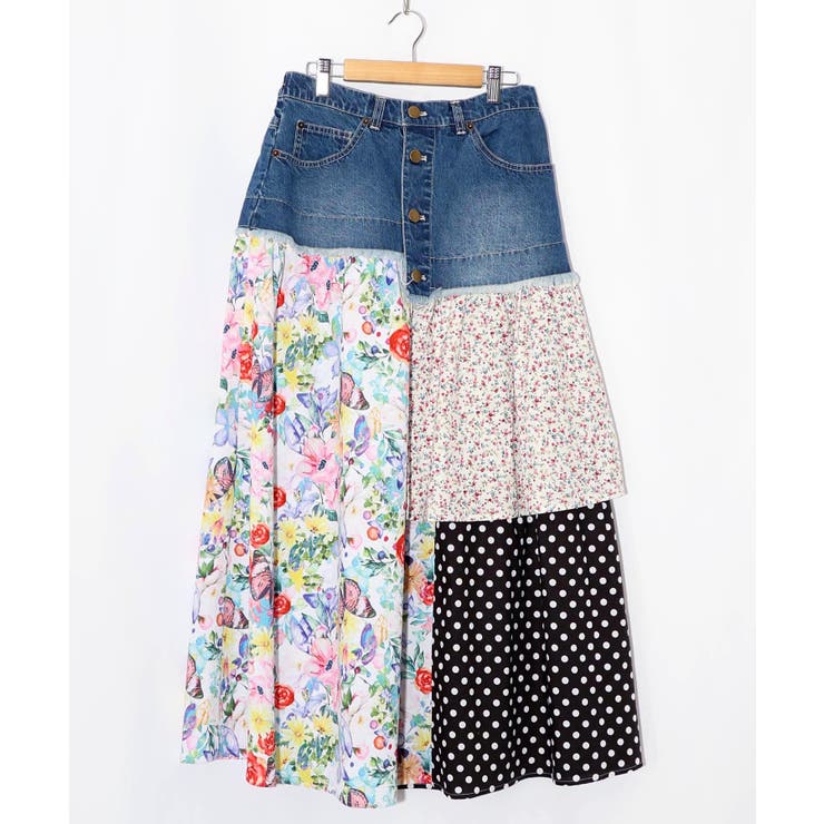 デニム×パッチワーク風 異素材切替2wayスカート | ScoLar | 詳細画像14 