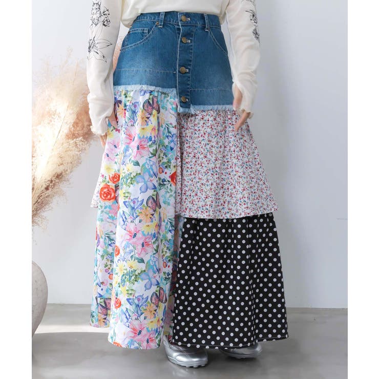 ブルー | デニム×パッチワーク風 異素材切替2wayスカート | ScoLar