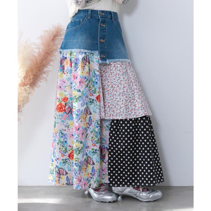 デニム×パッチワーク風 異素材切替2wayスカート | ScoLar | 詳細画像5 