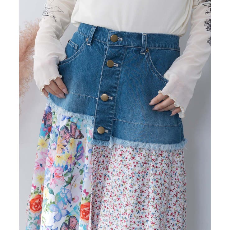 デニム×パッチワーク風 異素材切替2wayスカート | ScoLar | 詳細画像6 