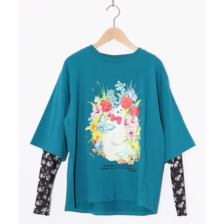 花ネコ柄チュール切替ロングスリーブTシャツ[品番：SRSW0002320