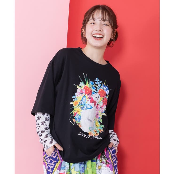 花ネコ柄チュール切替ロングスリーブTシャツ[品番：SRSW0002320