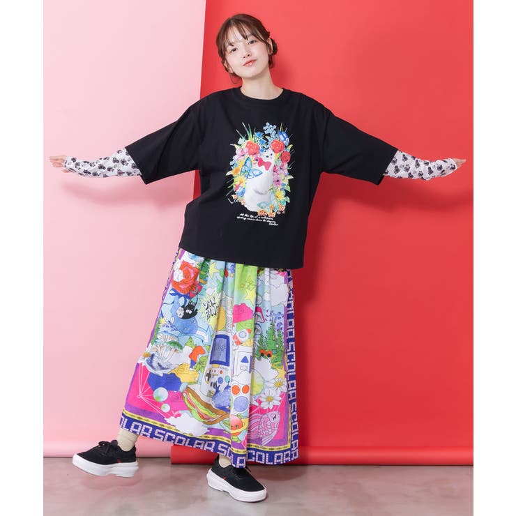 花ネコ柄チュール切替ロングスリーブTシャツ[品番：SRSW0002320