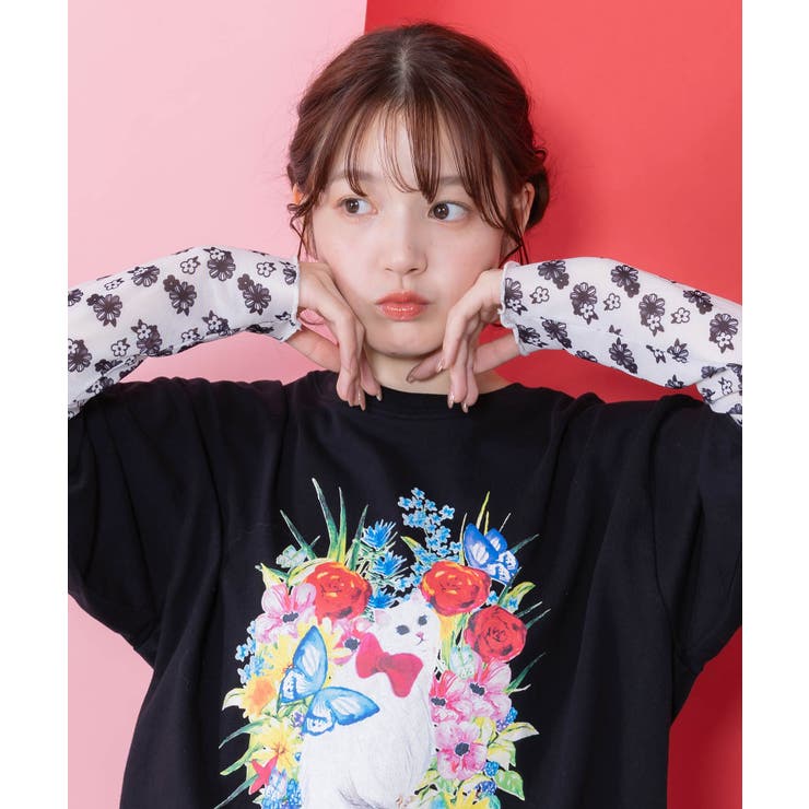♥新春赤字売り切り♥❣美品❣トクコ❣ チュール切り替え花柄チュニック 花ネコ柄チュール切替ロングスリーブTシャツ[品番：SRSW0002320