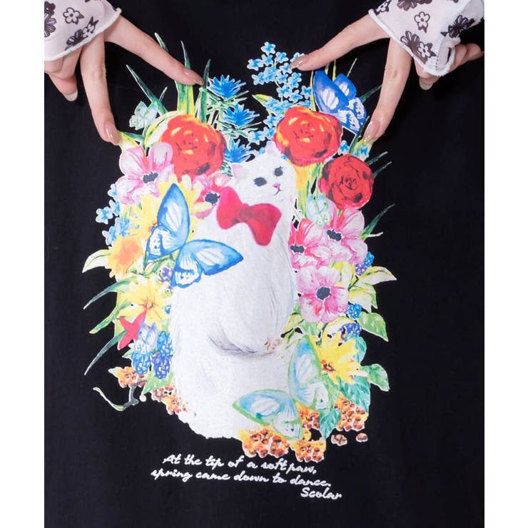 スカラー 141666 花刺繍チュール重ね 女の子プリントTシャツ ScoLar - スカラー 141666 花刺繍チュール重ね 女の子プリントTシャツ