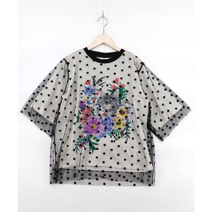 ドットチュール重ね花ネコ柄Tシャツ | ScoLar | 詳細画像9 
