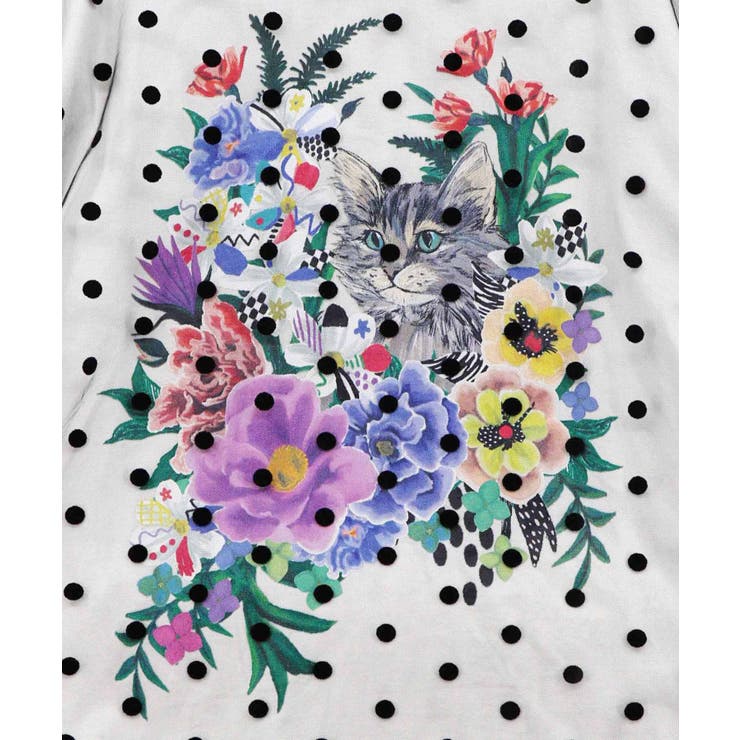 ドットチュール重ね花ネコ柄Tシャツ | ScoLar | 詳細画像10 