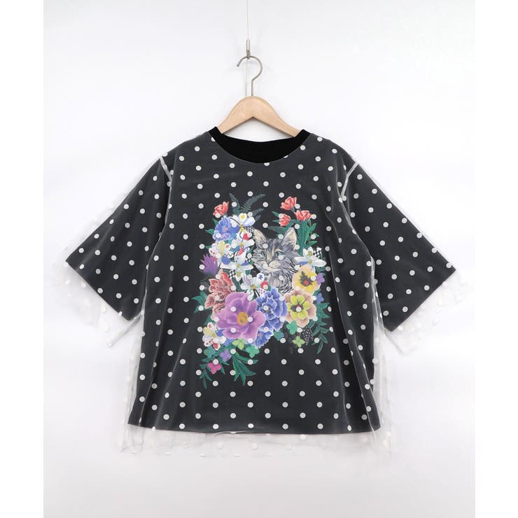 ブラック | ドットチュール重ね花ネコ柄Tシャツ | ScoLar
