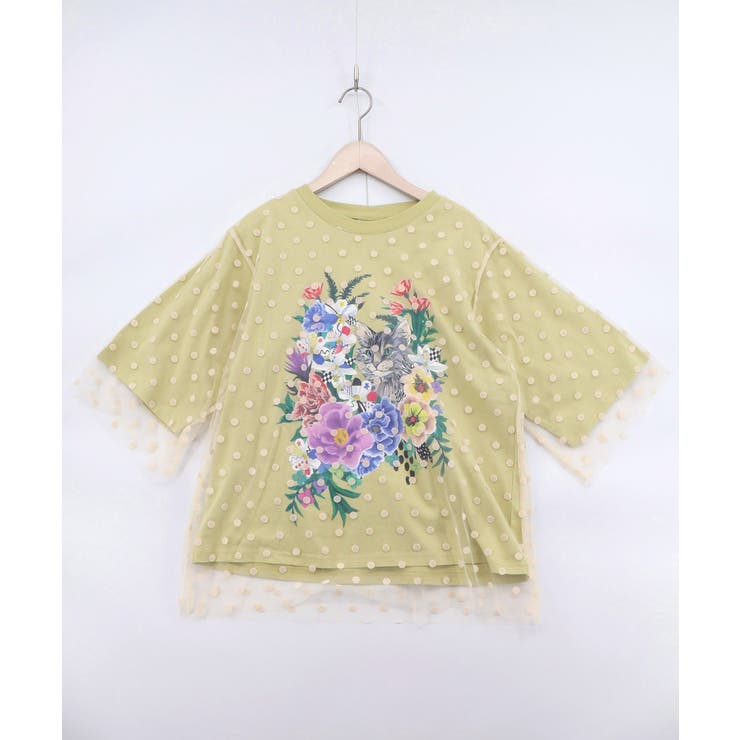 イエロー | ドットチュール重ね花ネコ柄Tシャツ | ScoLar