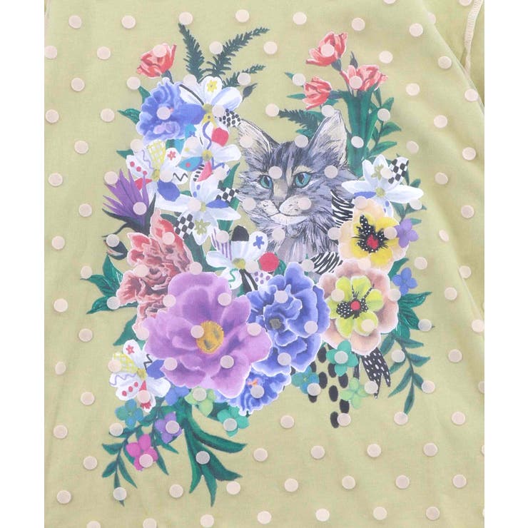 ドットチュール重ね花ネコ柄Tシャツ | ScoLar | 詳細画像12 