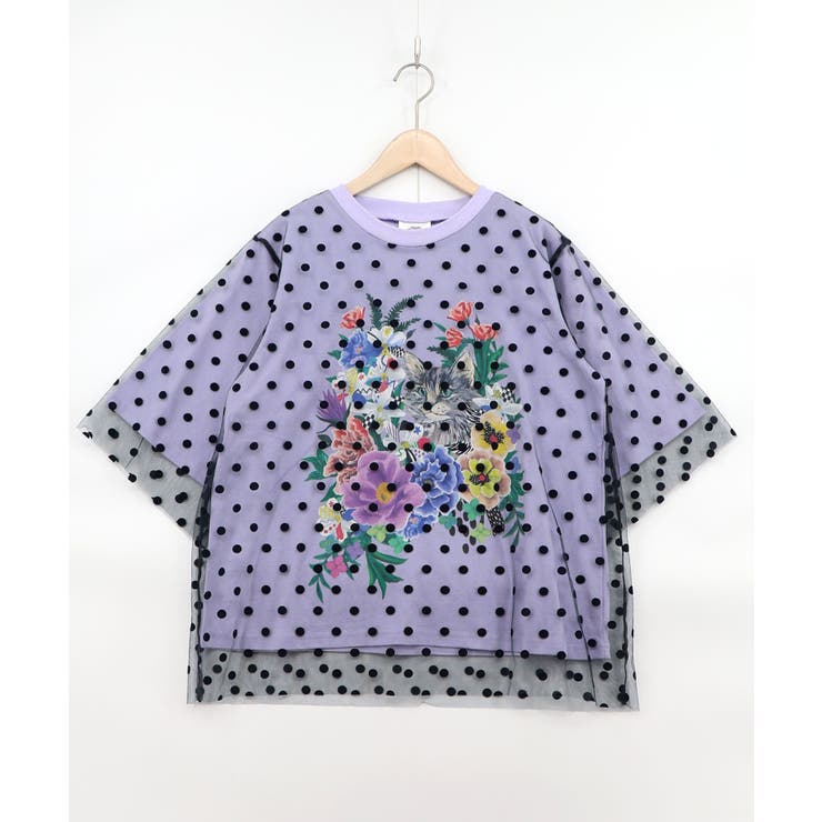 パープル | ドットチュール重ね花ネコ柄Tシャツ | ScoLar