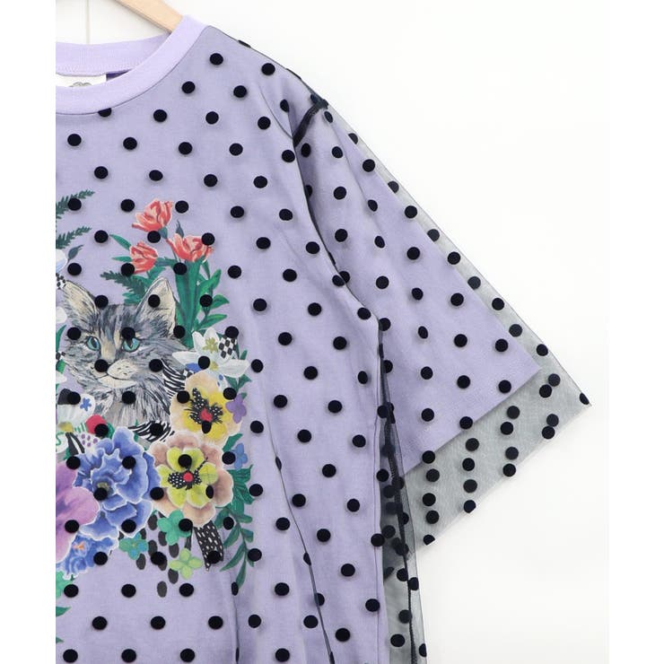 ドットチュール重ね花ネコ柄Tシャツ | ScoLar | 詳細画像15 