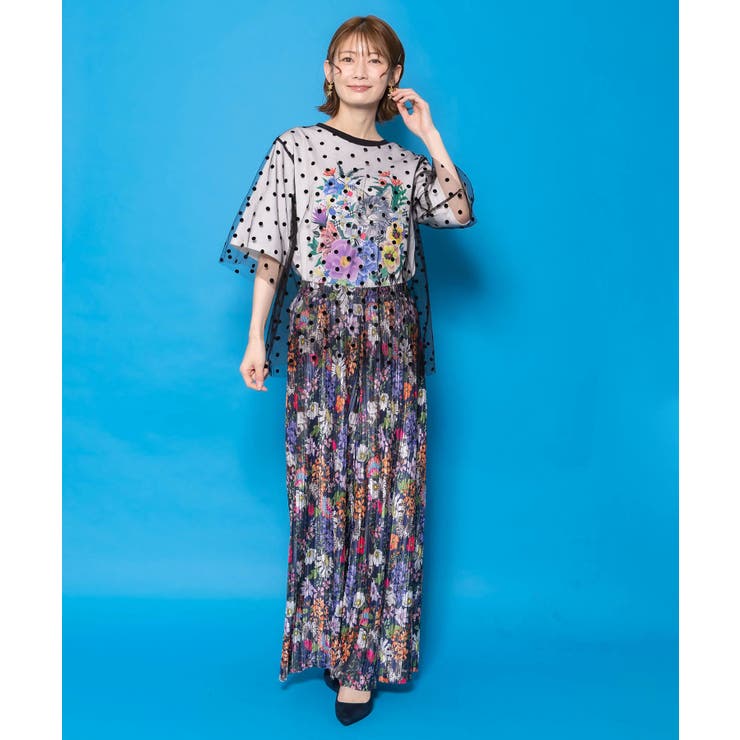 ドットチュール重ね花ネコ柄Tシャツ | ScoLar | 詳細画像1 