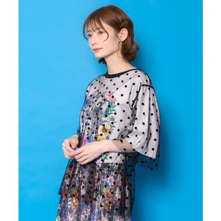 ドットチュール重ね花ネコ柄Tシャツ | ScoLar | 詳細画像3 