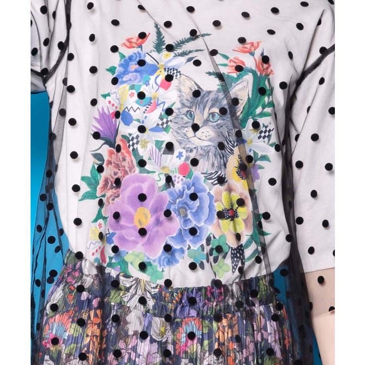 ドットチュール重ね花ネコ柄Tシャツ | ScoLar | 詳細画像6 