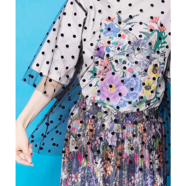 ドットチュール重ね花ネコ柄Tシャツ | ScoLar | 詳細画像7 