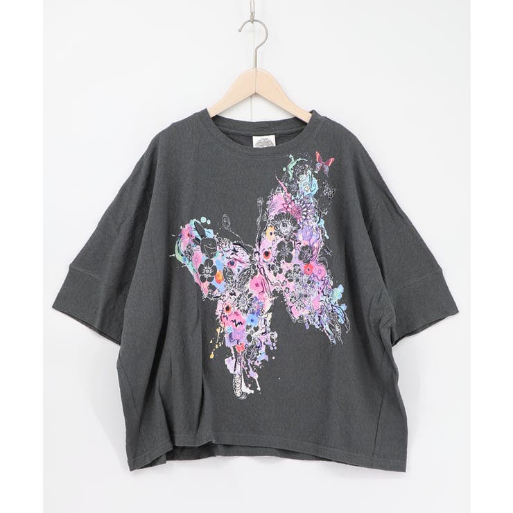 チャコールグレー | 水彩タッチ花蝶プリントTシャツ | ScoLar