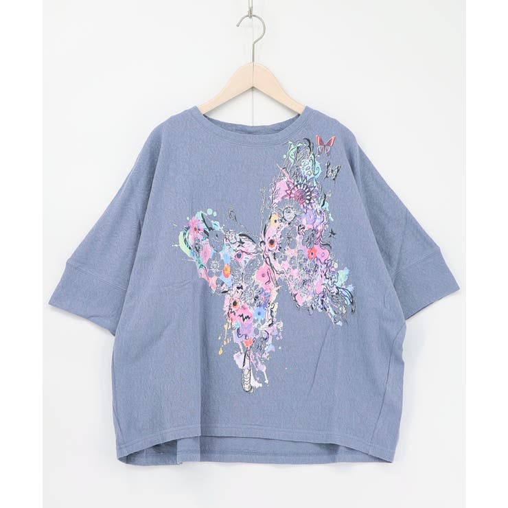 ブルー | 水彩タッチ花蝶プリントTシャツ | ScoLar