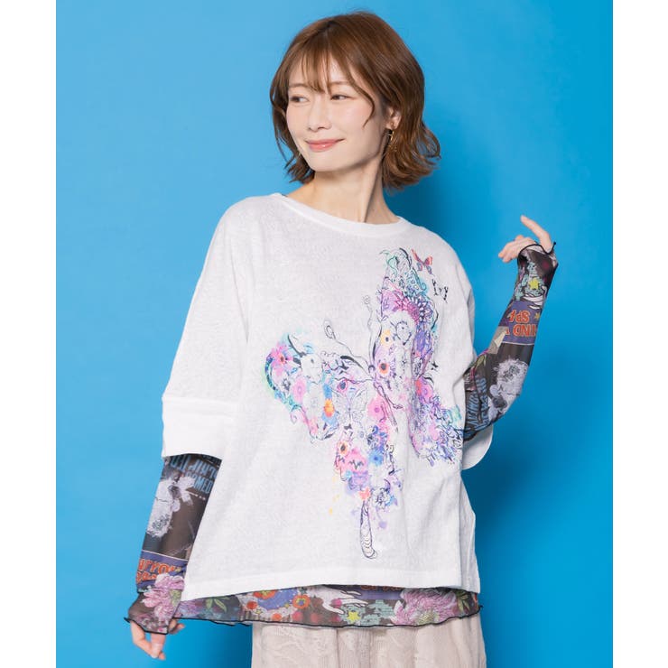 水彩タッチ花蝶プリントTシャツ | ScoLar | 詳細画像1 