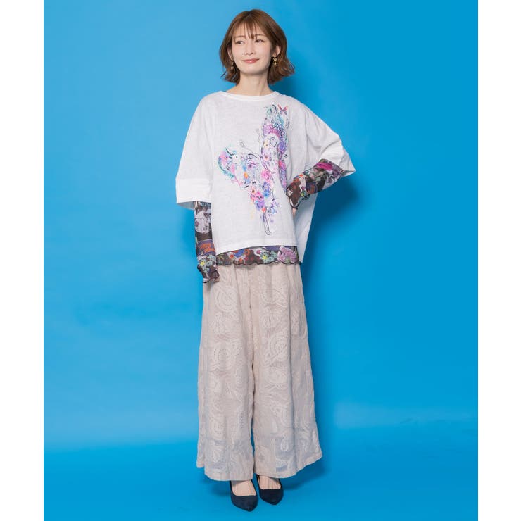 水彩タッチ花蝶プリントTシャツ | ScoLar | 詳細画像2 