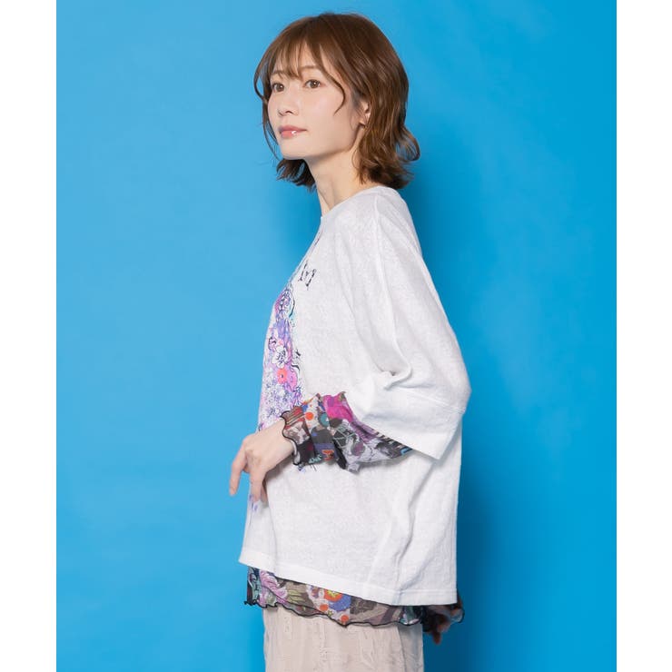 水彩タッチ花蝶プリントTシャツ | ScoLar | 詳細画像4 