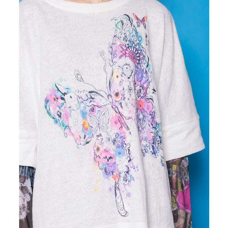 水彩タッチ花蝶プリントTシャツ | ScoLar | 詳細画像7 
