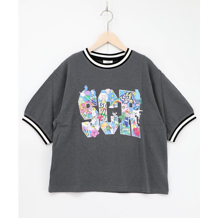 チャコールグレー | カラフルポップ柄ローズジャガードTシャツ | ScoLar