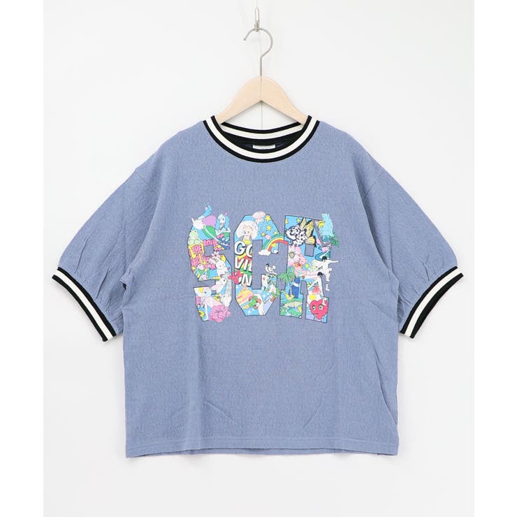 ブルー | カラフルポップ柄ローズジャガードTシャツ | ScoLar