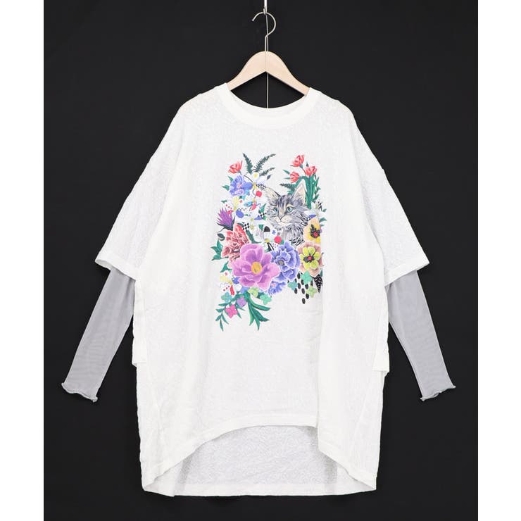 オフホワイト | ソフトチュール×花ネコ柄 レイヤード風プルオーバー | ScoLar