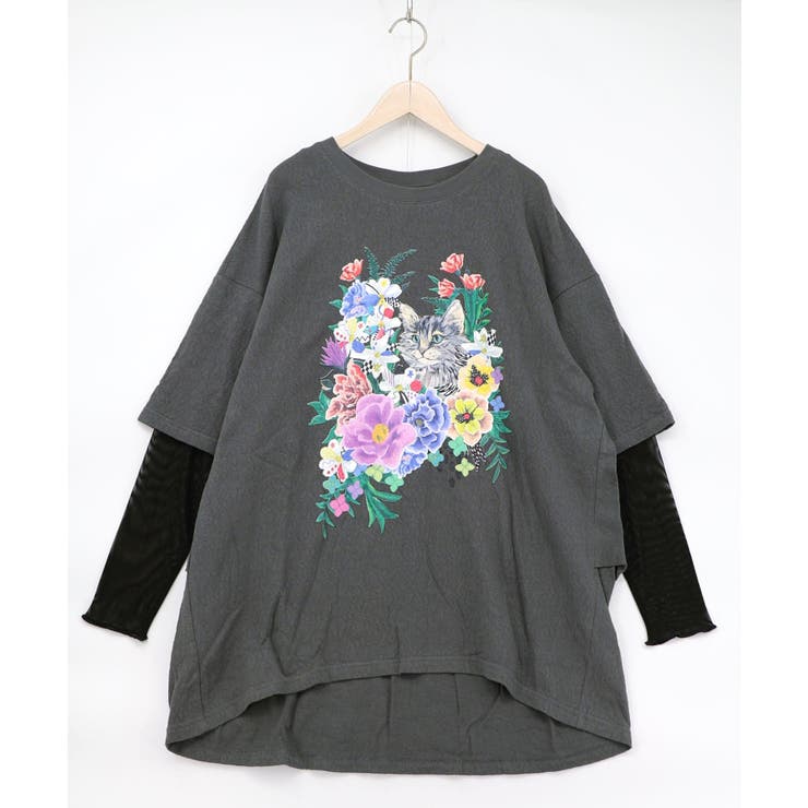 ソフトチュール×花ネコ柄 レイヤード風プルオーバー | ScoLar | 詳細画像3 