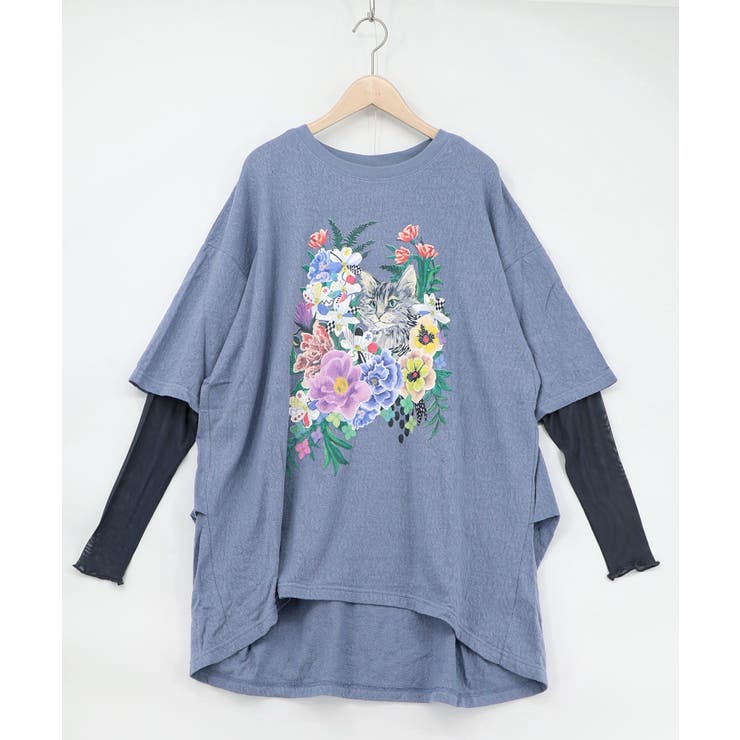 ブルー | ソフトチュール×花ネコ柄 レイヤード風プルオーバー | ScoLar