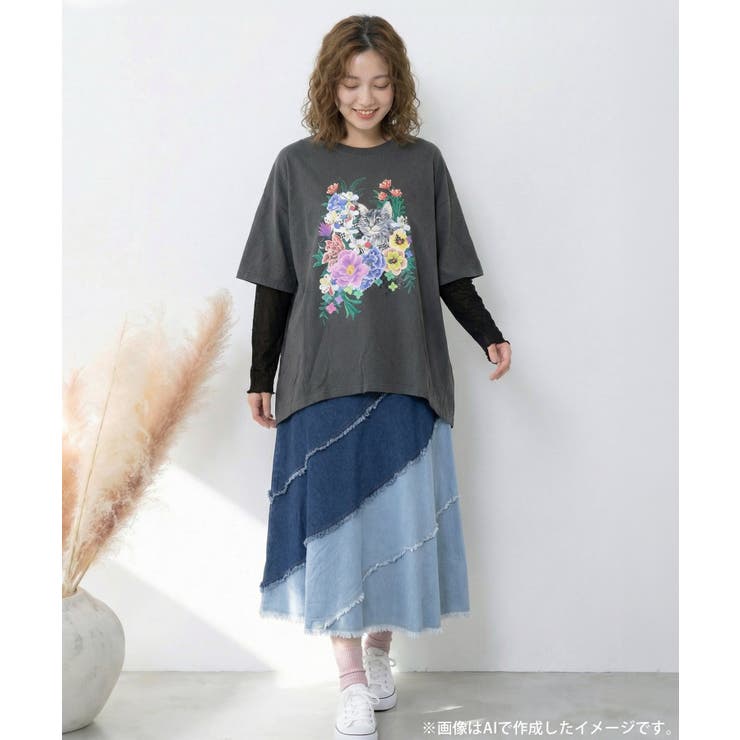 ソフトチュール×花ネコ柄 レイヤード風プルオーバー | ScoLar | 詳細画像1 