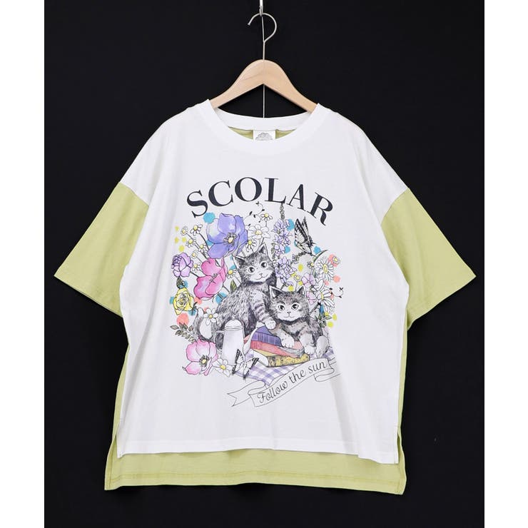 花ネコピクニック柄配色Tシャツ | ScoLar | 詳細画像9 