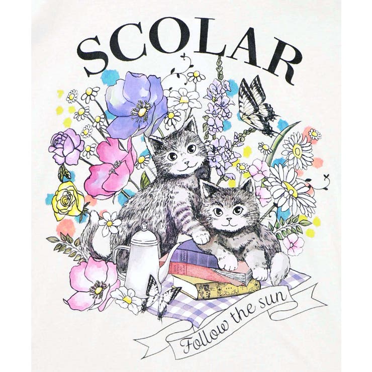 花ネコピクニック柄配色Tシャツ | ScoLar | 詳細画像11 