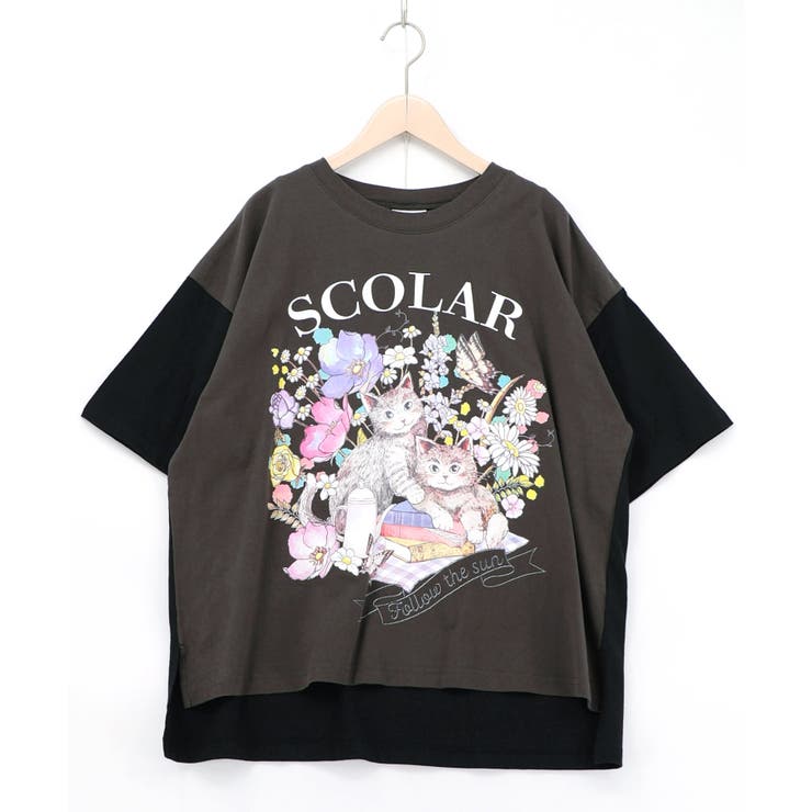 チャコールグレー | 花ネコピクニック柄配色Tシャツ | ScoLar