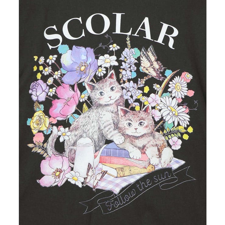 花ネコピクニック柄配色Tシャツ | ScoLar | 詳細画像13 