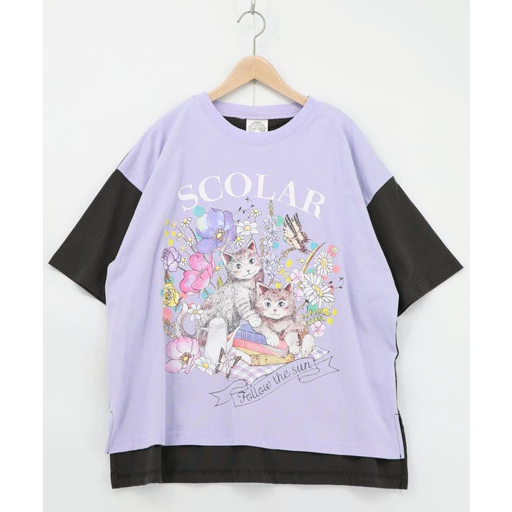 パープル | 花ネコピクニック柄配色Tシャツ | ScoLar