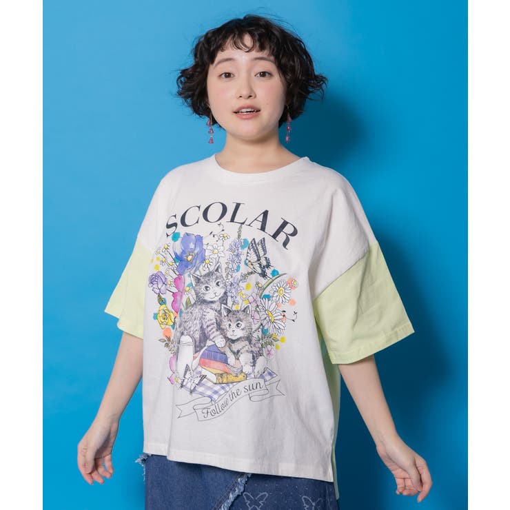 花ネコピクニック柄配色Tシャツ | ScoLar | 詳細画像1 
