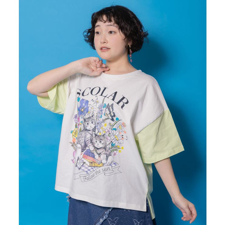 花ネコピクニック柄配色Tシャツ | ScoLar | 詳細画像2 