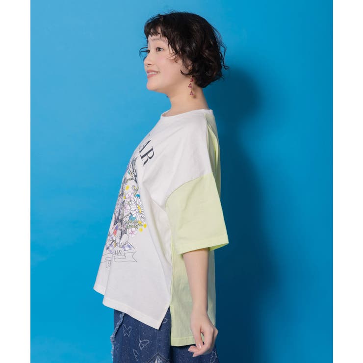 花ネコピクニック柄配色Tシャツ | ScoLar | 詳細画像3 