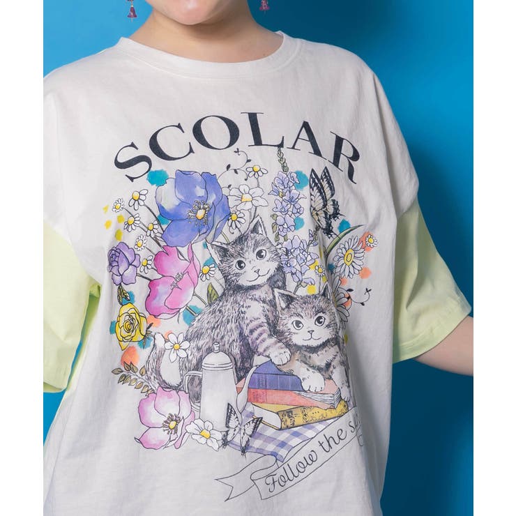 花ネコピクニック柄配色Tシャツ | ScoLar | 詳細画像5 