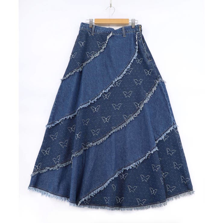 蝶刺繍or配色 スパイラル切替フリンジデニムスカート | ScoLar | 詳細画像19 