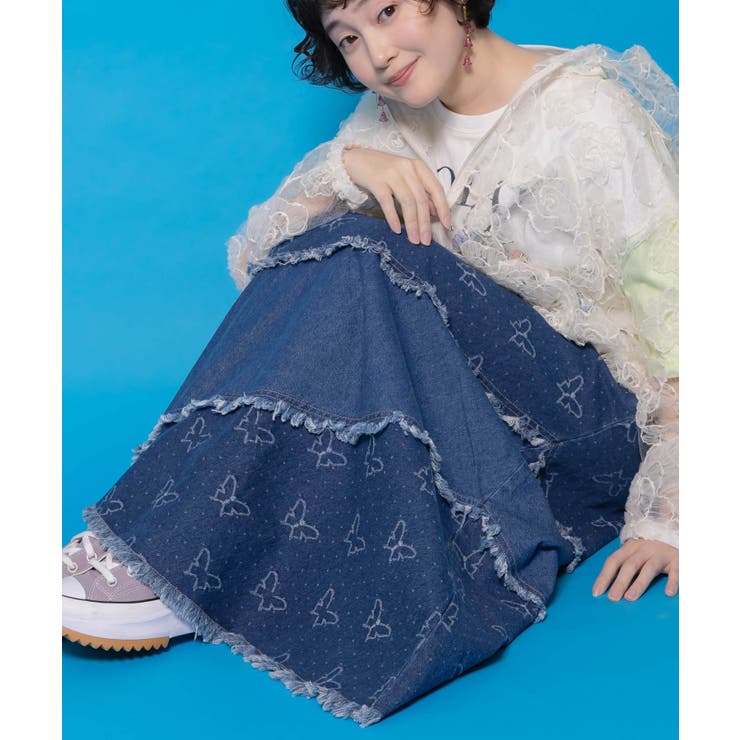 蝶刺繍or配色 スパイラル切替フリンジデニムスカート | ScoLar | 詳細画像1 