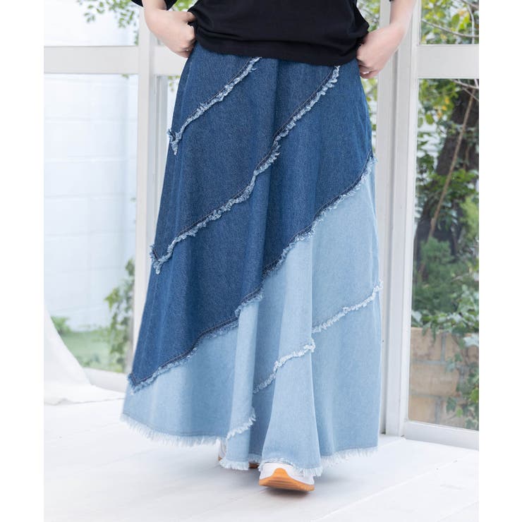ブルー | 蝶刺繍or配色 スパイラル切替フリンジデニムスカート | ScoLar
