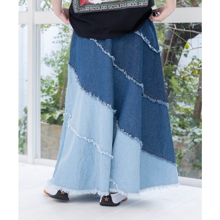 蝶刺繍or配色 スパイラル切替フリンジデニムスカート | ScoLar | 詳細画像14 