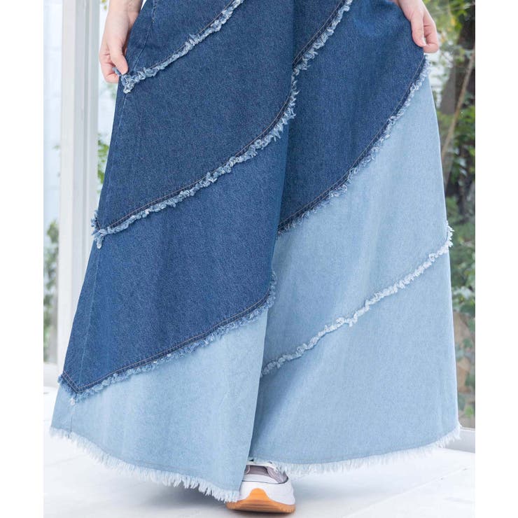 蝶刺繍or配色 スパイラル切替フリンジデニムスカート | ScoLar | 詳細画像15 