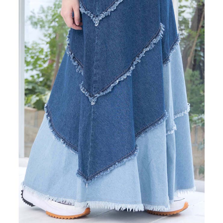 蝶刺繍or配色 スパイラル切替フリンジデニムスカート | ScoLar | 詳細画像16 